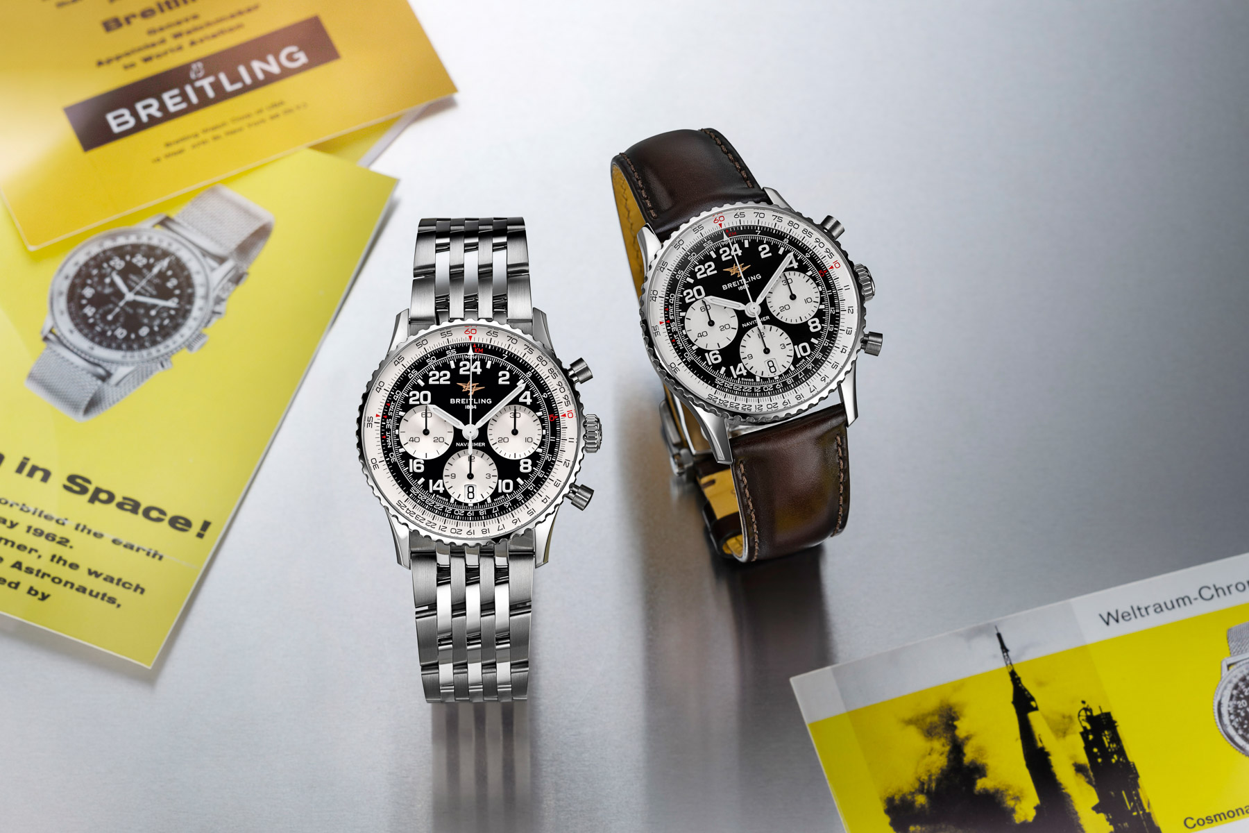 01 Breitling Navitimer B02 Chronograph 41 Cosmonaute AB0230211B1X1 AB0230211B1A1 RGB Breitling Navitimer B02 Chronograph 41 Cosmonaute on bracelet and leather strap