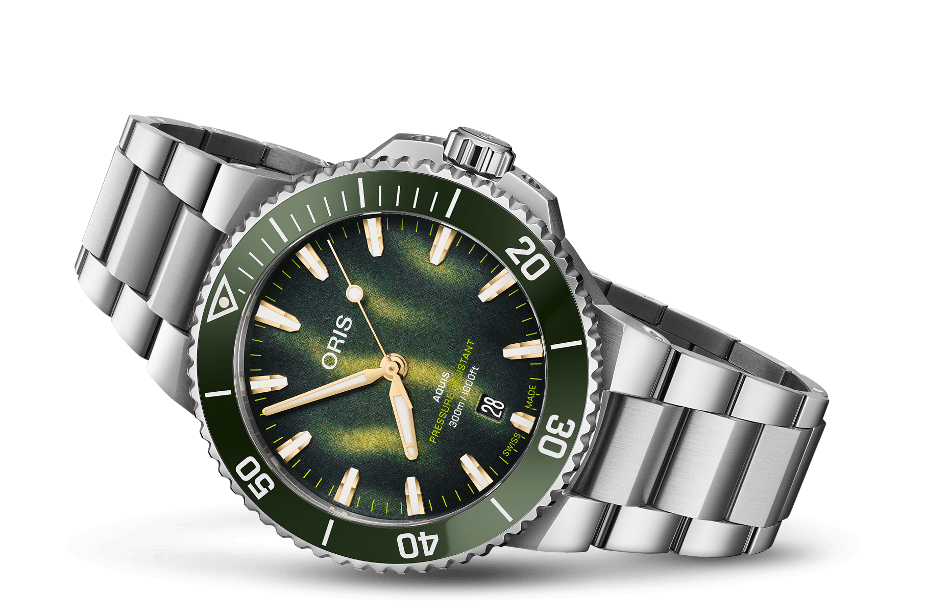 Ceas Oris Aquis Date Kelp Forest Limited Edition cu carcasă și brățară din oțel inoxidabil, lunetă verde și cadran verde închis cu indexuri mari luminoase