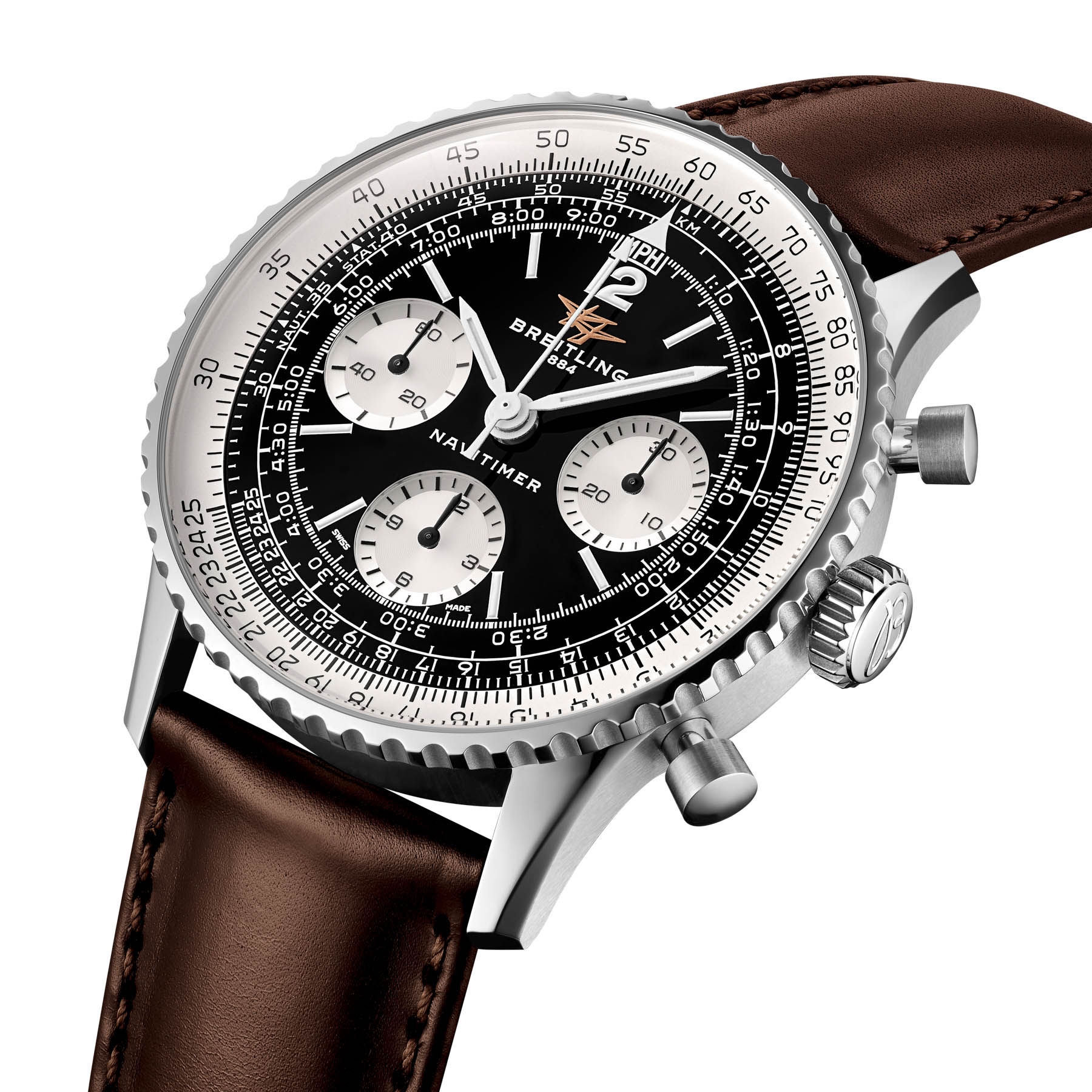 Breitling Navitimer B09 Chronograph 41 Black Dial Leather Soldier 2 RGB Breitling Navitimer B09 Chronograph 41 AB0950211B1X1 angled view