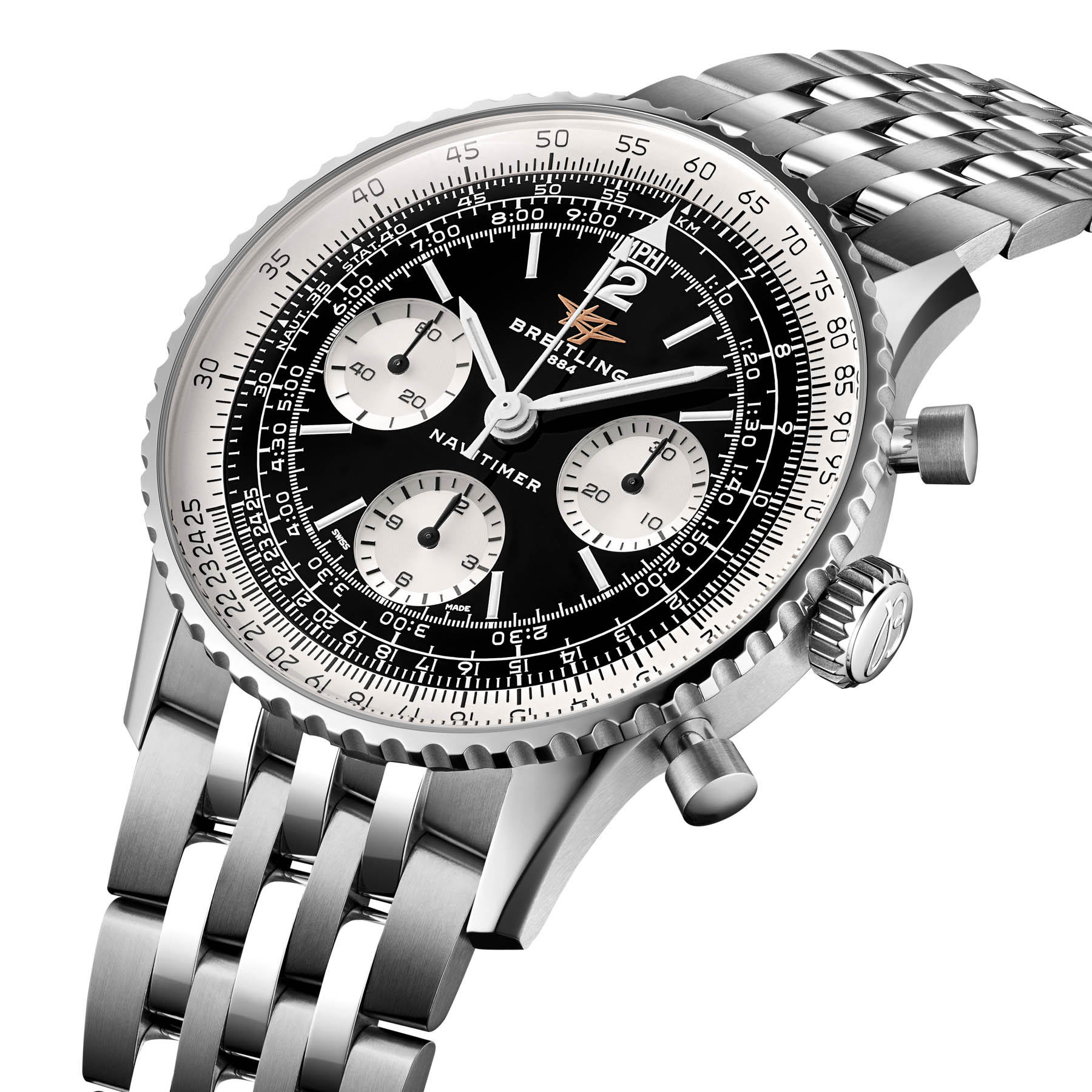 Breitling Navitimer B09 Chronograph 41 Black Dial Steel Soldier 3 RGB Breitling Navitimer B09 Chronograph 41 AB0950211B1A1 angled view