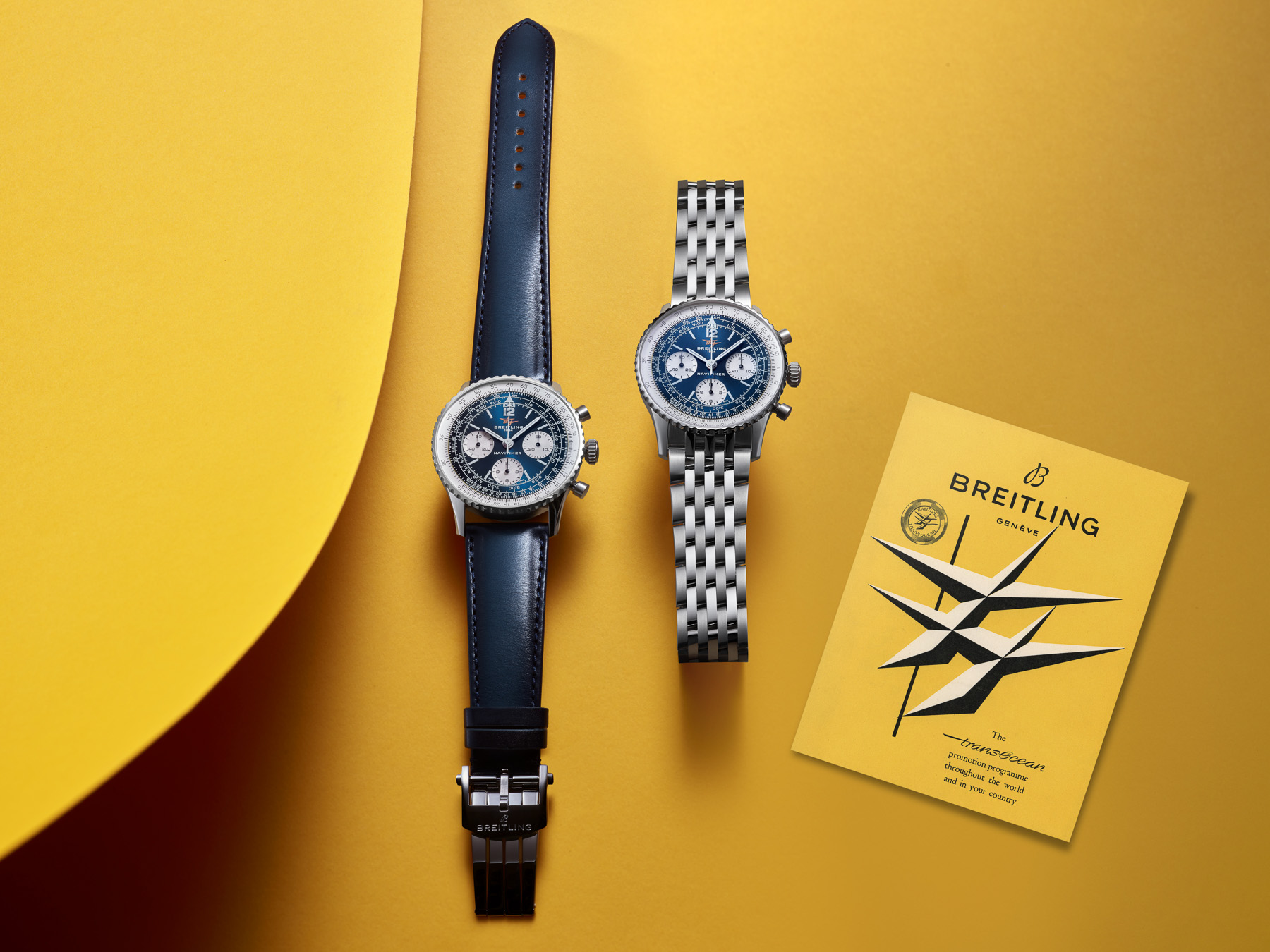 Breitling Navitimer B09 Chronograph 41 Blue Dial Leather and Steel RGB Breitling Navitimer B09 Chronograph 41 AB0950211C1X1 and AB0950211C1A1 side by side, flat-lay