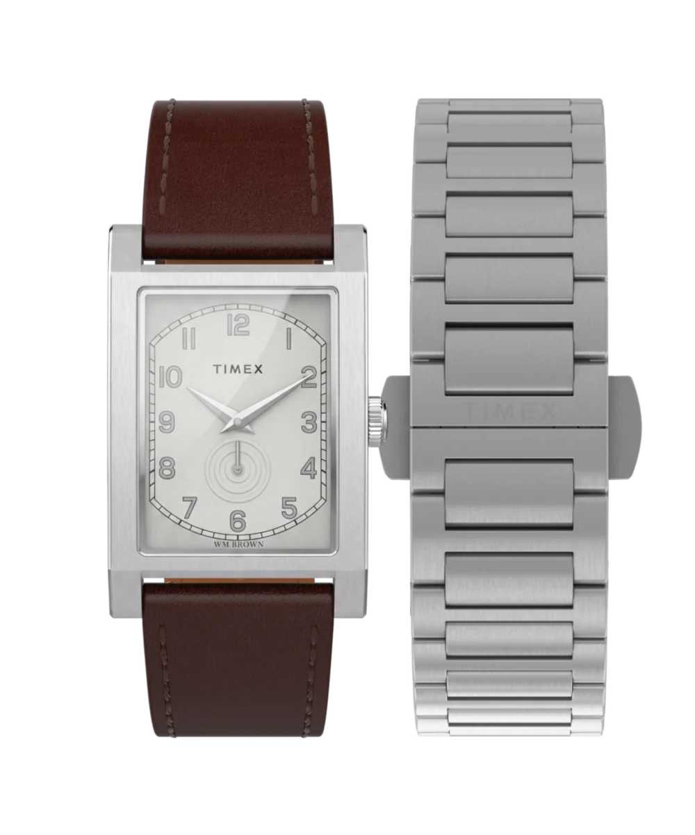 TWG069000 Ceas dreptunghiular Timex cu cadran alb și curea din piele maro, alături de o brățară metalică argintie suplimentară.