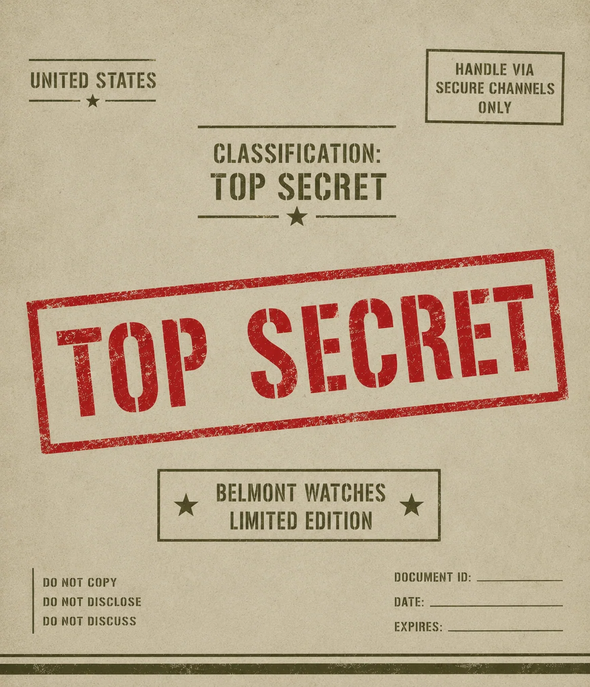 topsecretimage Copertă de document marcată cu sigiliul roșu 'Top Secret', cu inscripții despre Belmont Watches și avertismente de confidențialitate.
