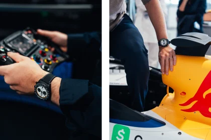 Două cadre cu mâini ce poartă un ceas Tudor cu cadran alb și subcadrane negre, ținând un volan de Formula 1 și atingând un monopost galben Red Bull.